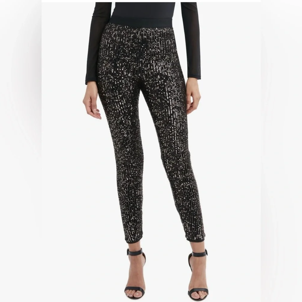 BCBGMAXAZRIA 2UX7P13 Gunmetal  High Waisted Sequin Leggings NWT